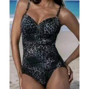 MIRACLESUIT Rialto Leopard Gray Ruched Slimming One Piece Swimsuit - Size US 10